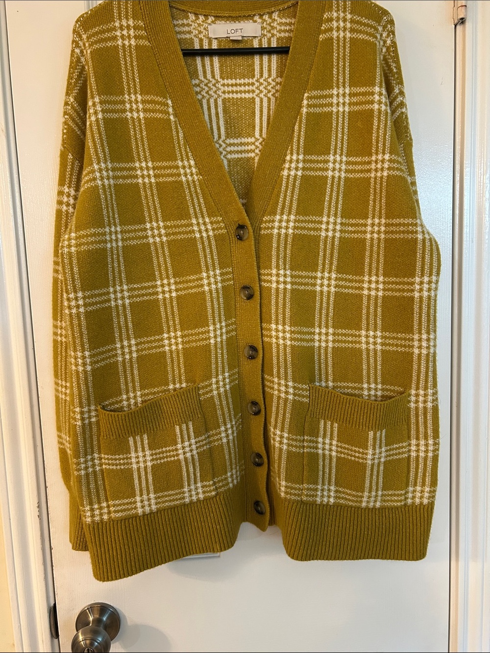 LOFT Mustard and White Plaid Button-Up Cardigan